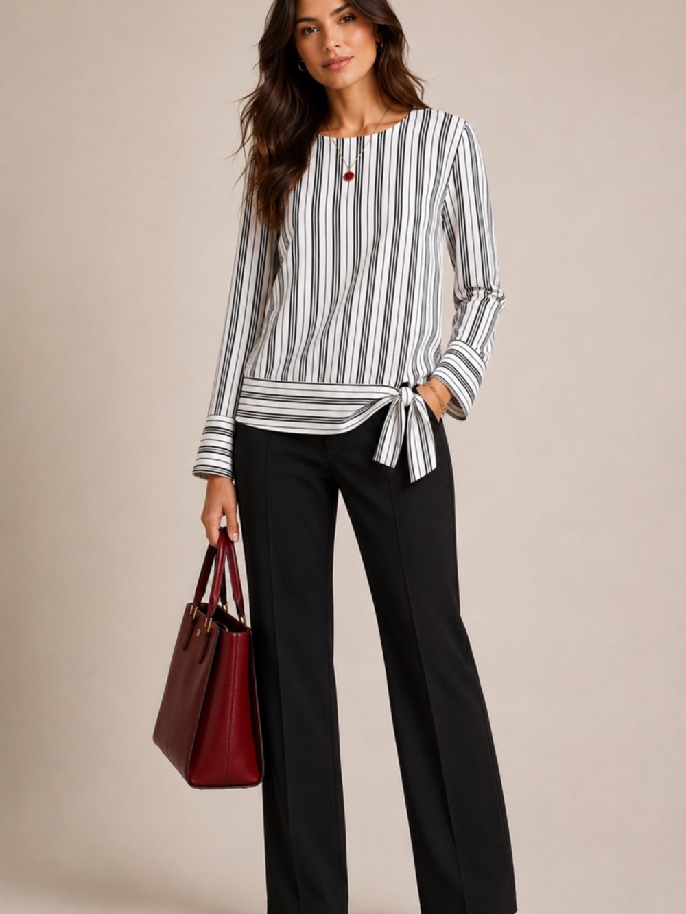 Pleione Black and White Vertical Stripe Blouse with Tie Hem